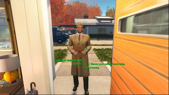Best Fallout 4 mods: The sole survivor talking to the Vault Tec salesman during the opening of Fallout 4, displaying the new dialogue featured in the Full Dialogue Interface mod