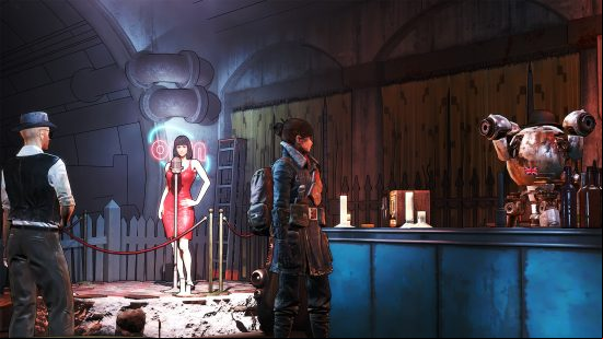Best Fallout 4 mods: A bar inside one of the many populated areas within the Wasteland, with the cel-shaded comic book style as appropriated by Borderlands.