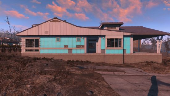Best Fallout 4 mods: A cleaned-up retrofuturistic suburban house with blue s and a concrete porch