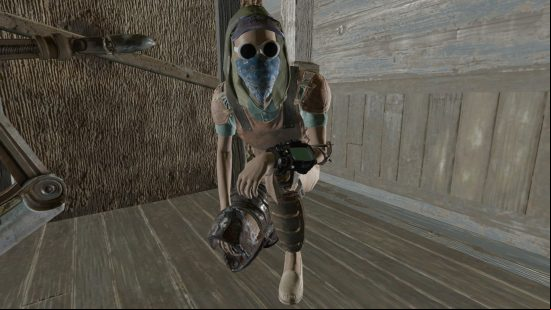 Best Fallout 4 mods: The sole survivor of Fallout 4 crouched in a building wearing a hood, baseball cap, white sunglasses and a blue paisley bandana