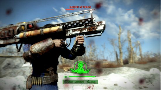 Best Fallout 4 mods: The sole survivor of Fallout 4 launching a mini nuke at a raider veteran using the Fat Man weapon