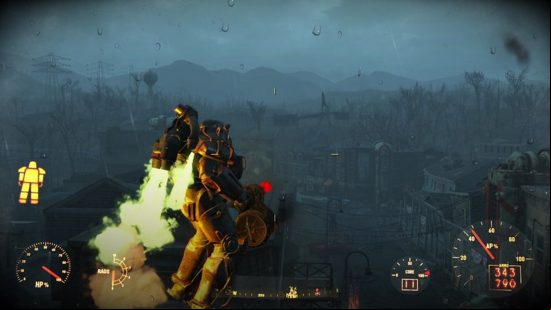 Best Fallout 4 mods: The sole survivor of Fallout 4 flying over a settlement using a jetpack attached to power armor.