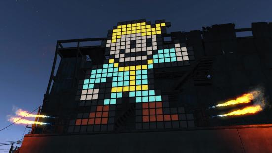 Best Fallout 4 mods: A pyrotechnic stage featuring Vault Boy rendered in a series of light s