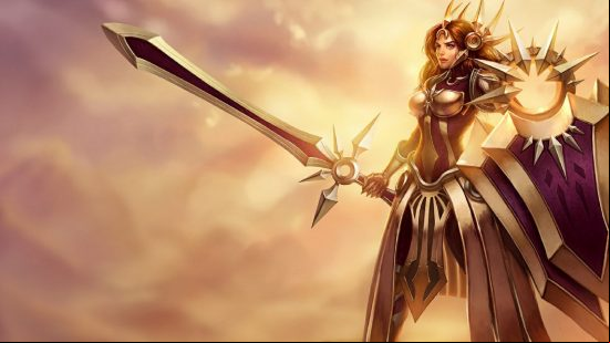 Best  champions: an armour-clad woman stands holding a huge shield and a sword