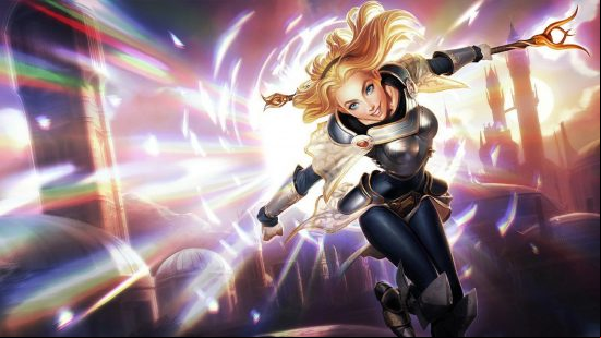Best mid lane champion: a blonde woman holds a radiant staff while an explosion of light erupts around her