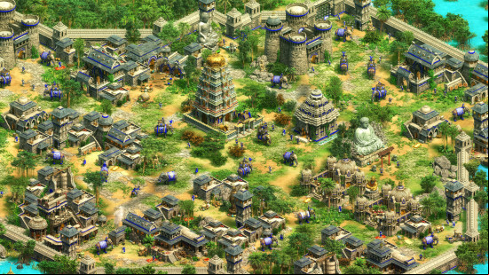 Age of Empires 2 cheats: a grassy island with lots of buildings populates it