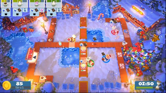 Best Christmas games - four players desperately trying to prepare a Christmas feast in Overcooked 2.