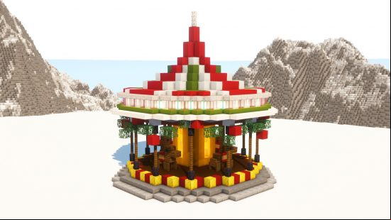 Minecraft Christmas builds - a festive red and green carousel in the snow