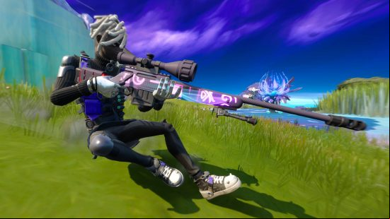 Fortnite slide - Bytes is sliding while holding a sniper rifle.