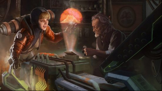 Apex Legends characters: a woman looks at a hologram schematic with an older man