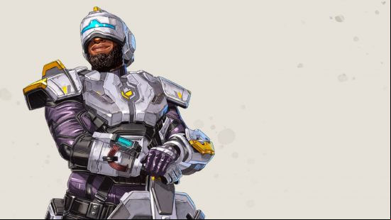 Apex Legends characters: a heavily armoured man shands, shield resting on the floor