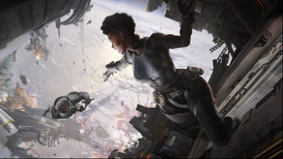 Apex Legends characters: a woman attempts to save a falling comrade