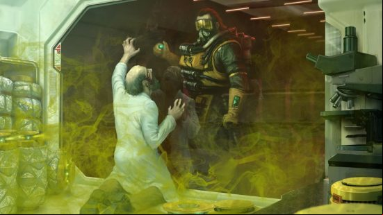 Apex Legends characters: a gas mask wearing man poisons a scientist