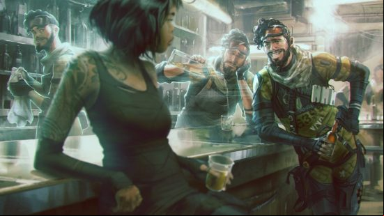 Apex Legends characters: a man projects holographic copies of himself while talking to a woman