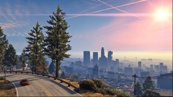 Best crime games on PC: a car drives along a mountain side road overlooking a huge city