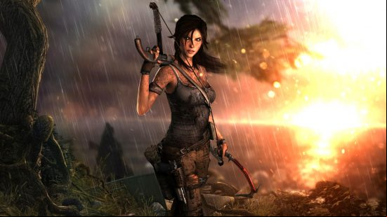 Best action-adventure games - Lara Croft from the reboot of Tomb Raider, standing in a rainstorm on top of a cliff at sunset, holding a shotgun and an axe.