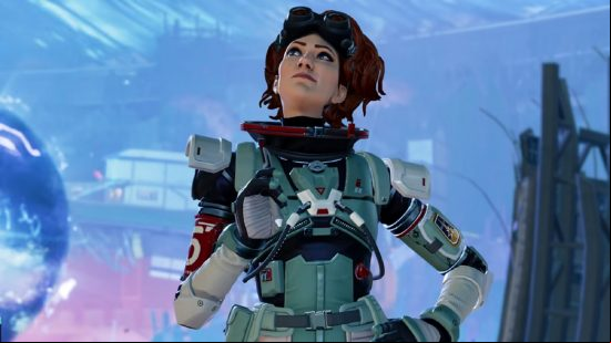 Apex Legends characters: a woman with red hair and goggles ponders an equation