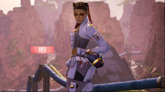 Apex Legends characters: a woman wearing white strikes a sideways pose
