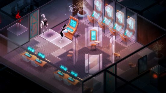 Best Cyberpunk games - Invisible inc: A woman s information in a neon, tech-filled room