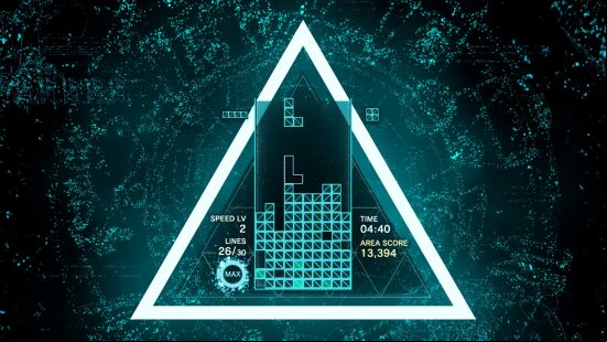 Best relaxing games - Tetris Effect: A classic Tetris interface, but glowing neon turquoise in a bright white triangle