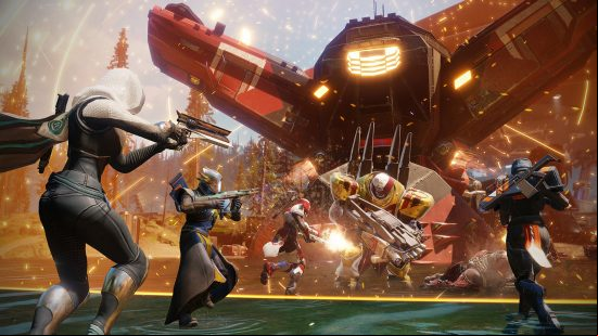 Destiny 2 Nightfall weapon: three futuristic soldiers rush into battle, assault rifles raised