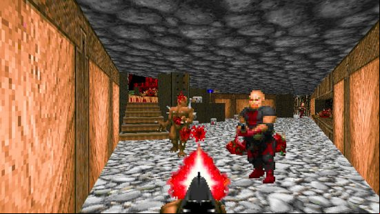 Old games for PC: Running through a corridor shooting demons in Doom 1993