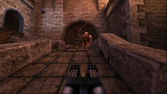 Old games for PC: crossing a gothic bridge and shooting a grunt with a nail gun in Quake