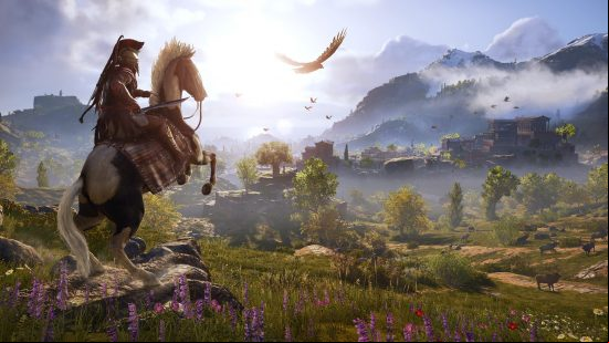 A warrior on horseback surveys a huge outdoor grassy area