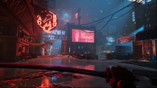 Neon, rain-slicked, street scene