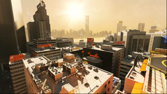 A cityscape bathed in golden light