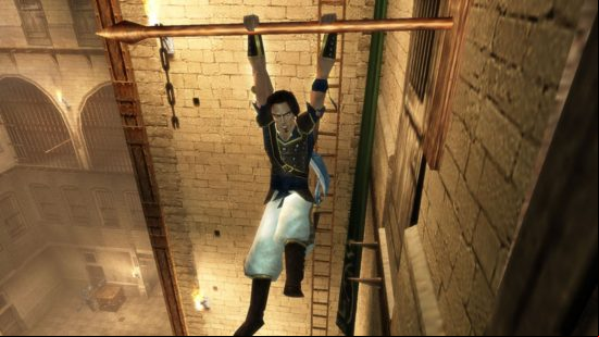 A man with long hair and a beard clings onto a pole hanging