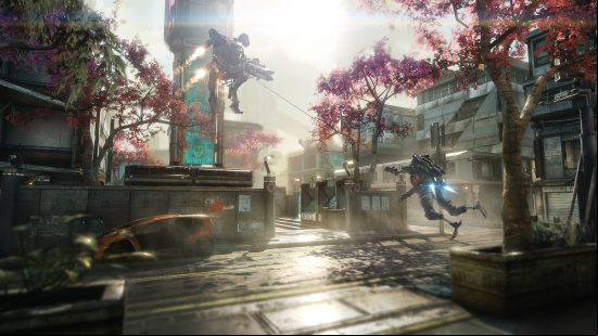 A futuristic soldier uses a rope to pull themselves towards a huge mech