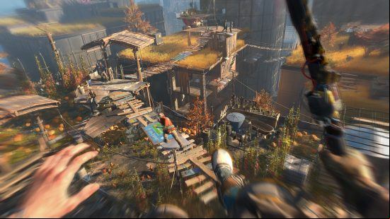 A person holding a sharp weapon leaps towards their enemy