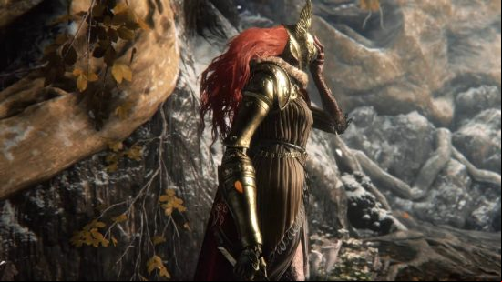 Elden Ring Great Runes - Malenia is putting on her helmet as she prepares to fight.