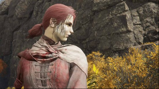 Elden Ring Millicent quest - a close up of Millicent. She is looking off-screen and has a scar on her pale face. Her red hair is tied back and she's wearing a white robe on top of blood-stained clothing.