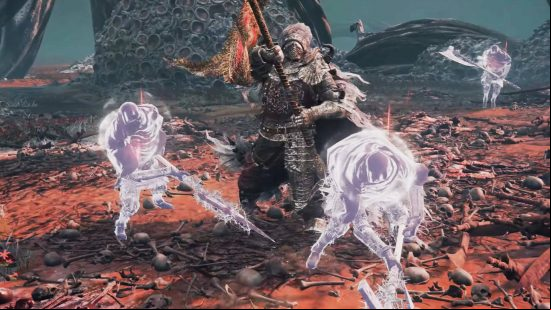 Elden Ring Millicent quest - Commander O'Neil and his summoned army battling in Caelid's red swamp.