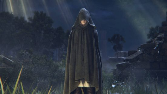 Elden Ring smithing stones - the maiden approaches the Tarnished, while dressed in a black cloak.