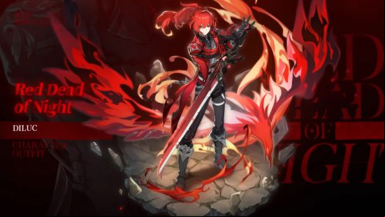 Diluc wearing his Red Dead of Night outfit in the Genshin Impact 2.8 update