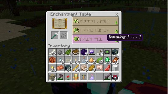 Impaling I, one of the Minecraft trident enchantments, shows on an enchantment table.