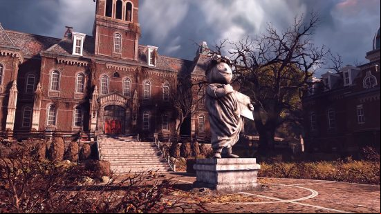 Fallout 5 release date: a statue stands outside of an old, overgrown building