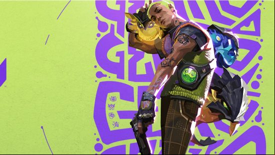Vaorant character Gekko on a green and purple backdrop, surrounded by his buddies that double as his moves.