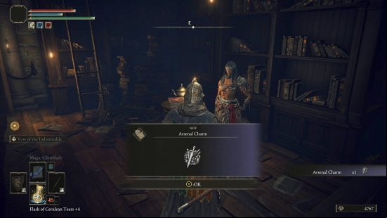 Best Elden Ring talismans - the player is being given an Arsenal Charm.