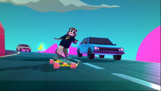 Best skateboard games: a raccoon riding a longboard down an '80s dreamwave-inspired highway