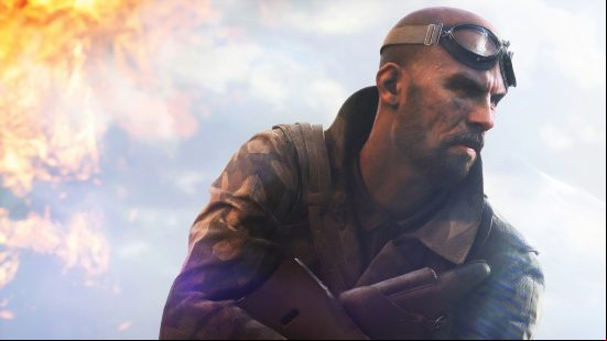 Best war games: Battlefield 5. Image shows a wary-looking soldier with a gun.