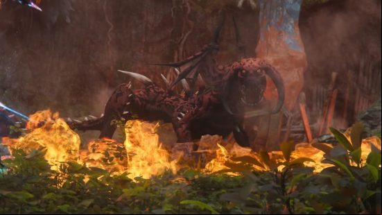 Dragon games - Final Fantasy XIV. A screenshot shows a dragon looking towards the camera amidst flames in a forest.