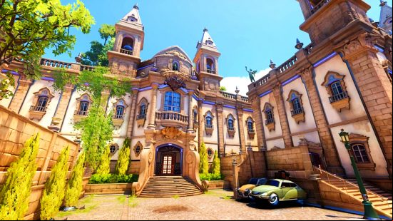 Overwatch 2 map Esperança - a large white and gold mansion with cars parked outside