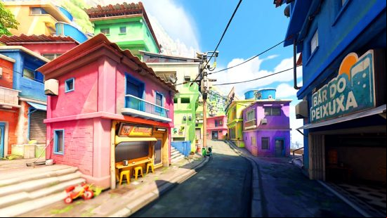 Overwatch 2 map Paraiso - narrow city streets winding between several brightly-coloured houses