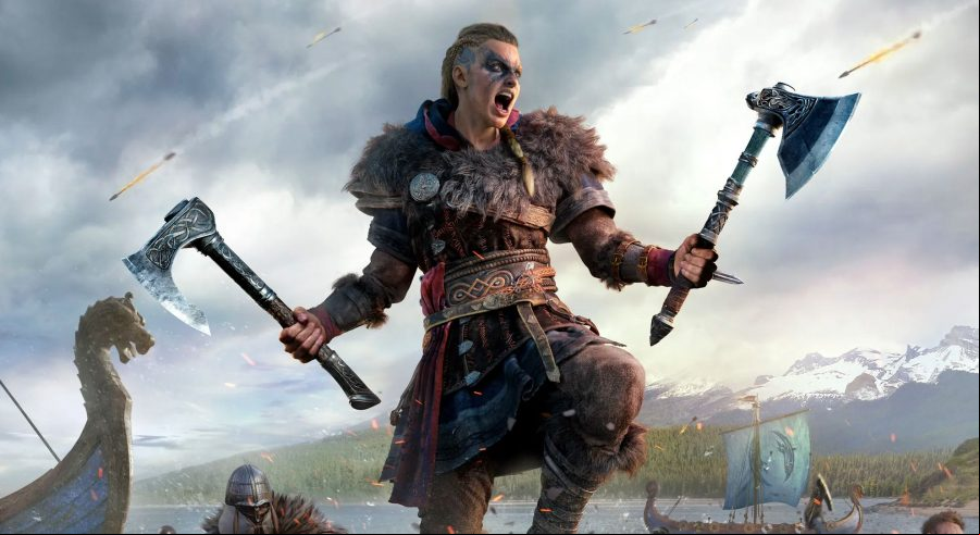 Eivor stands proud, shouting a battle cry in action adventure game assassin's creed valhalla
