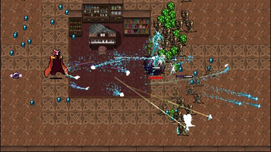 Best Vampire Survivors power ups - a masked cloak is chasing after the player in a library, who has just past a piano to try and fire ectoplasm and mud men.,