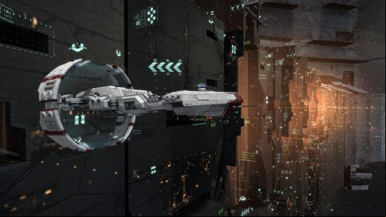 Best space games: EVE Online. Image shows a spaceship flying near a large space station.